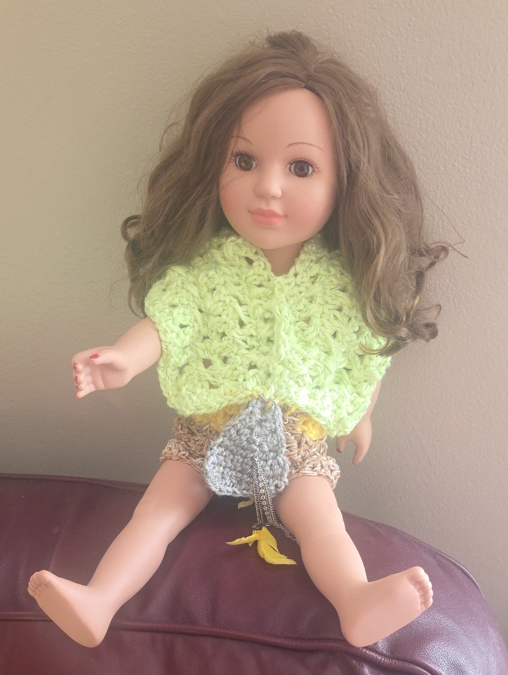 Doll And Dress ,Handmade Light Green Crochet Poncho for Dolls 20" Tall,and Doll